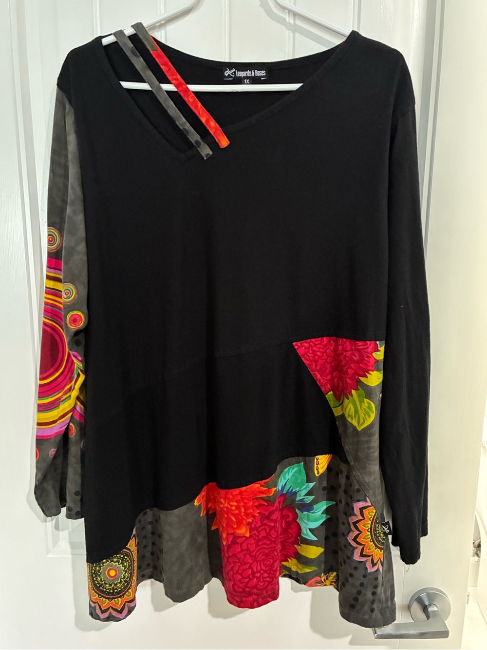 Leopards & Roses Women's Black Tunic/Top with Vibrant Floral Patch Accents